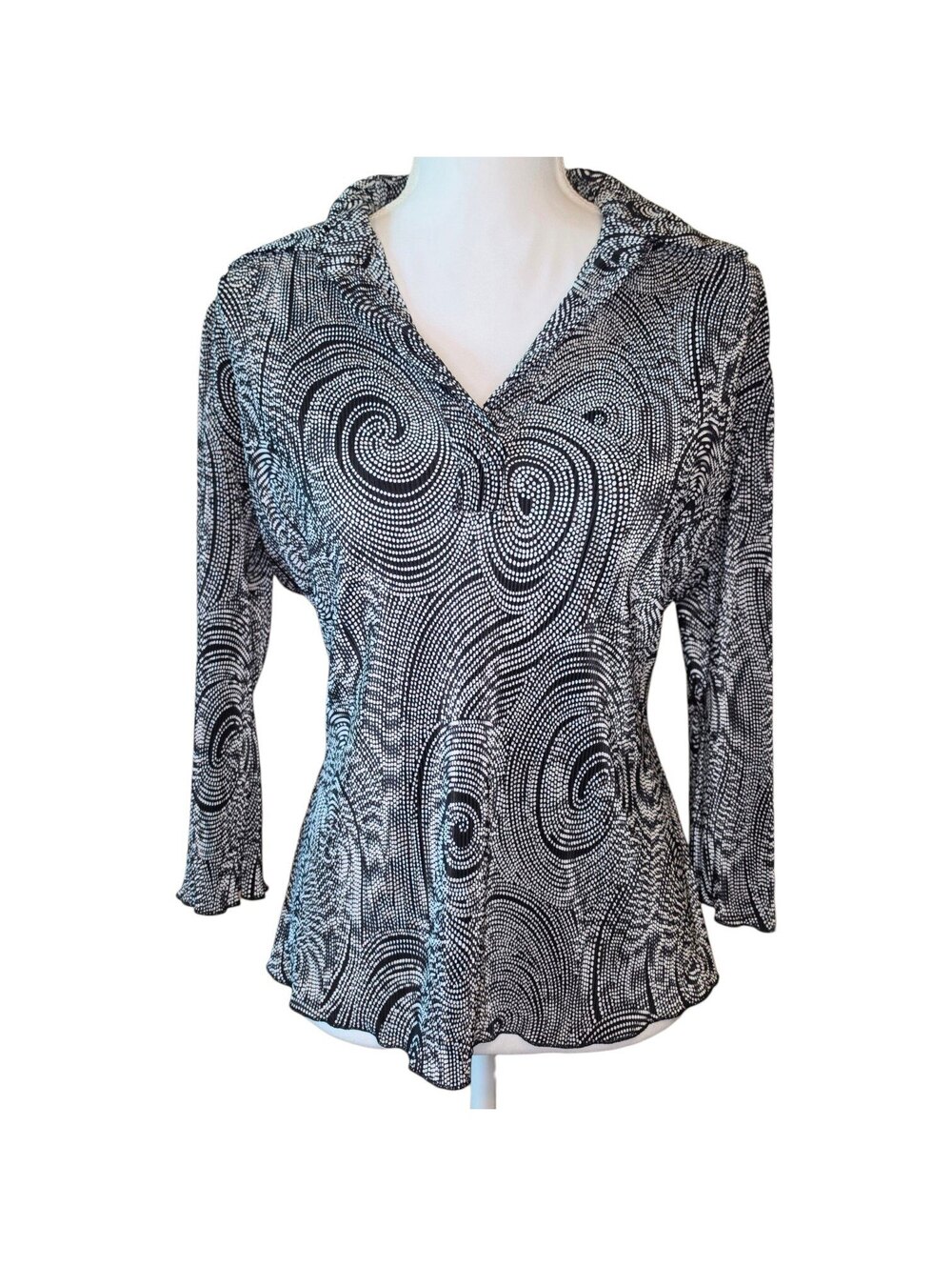 Vintage Black White Swirl Print Retro Womens Blouse 3/4 Sleeve Abstract Office